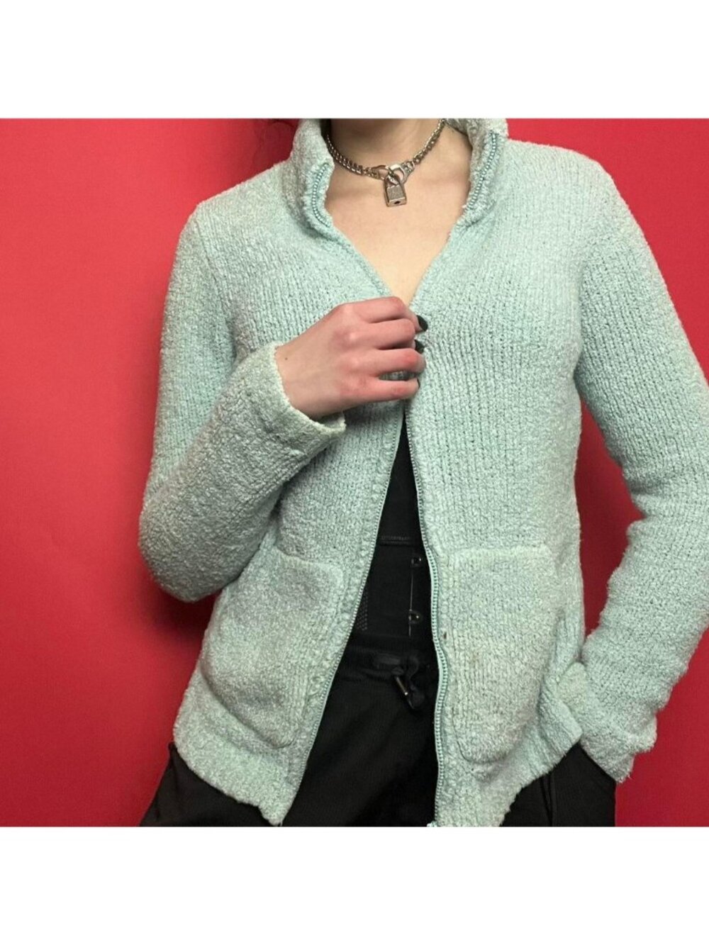 Eddie bauer / pastel aquamarine fluffy zip up sweater 💙💙​